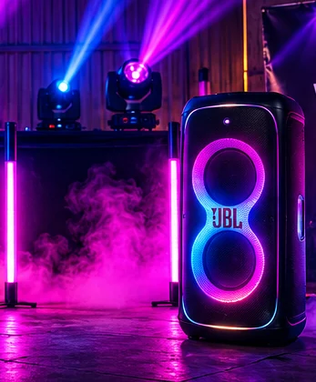Illustrative colourful moving beams and glowing nightclub speakers