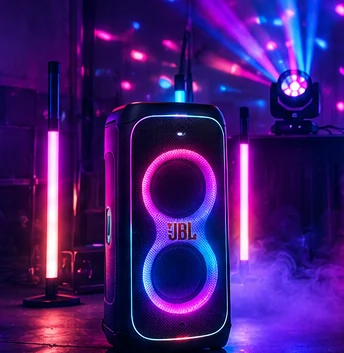 Illustrative close-up of a colourful party speaker and lighting effects