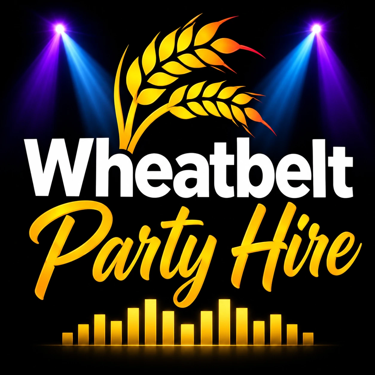 Wheatbelt Party Hire logo with gold wheat, script lettering and equaliser bars